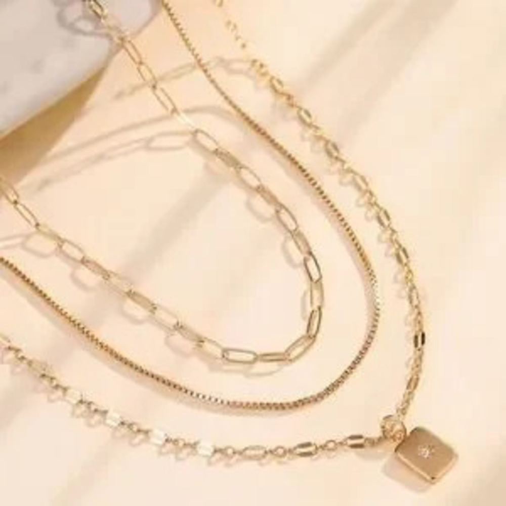 3pcs Necklace Set with Sparkling Cubic Zirconia Rectangle Pendant - Picture 2 of 5